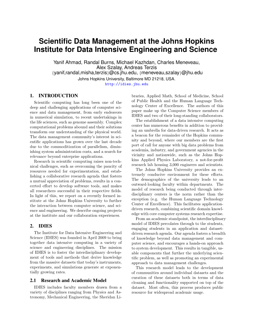 Scientific Data Management at the Johns Hopkins Institute for Data