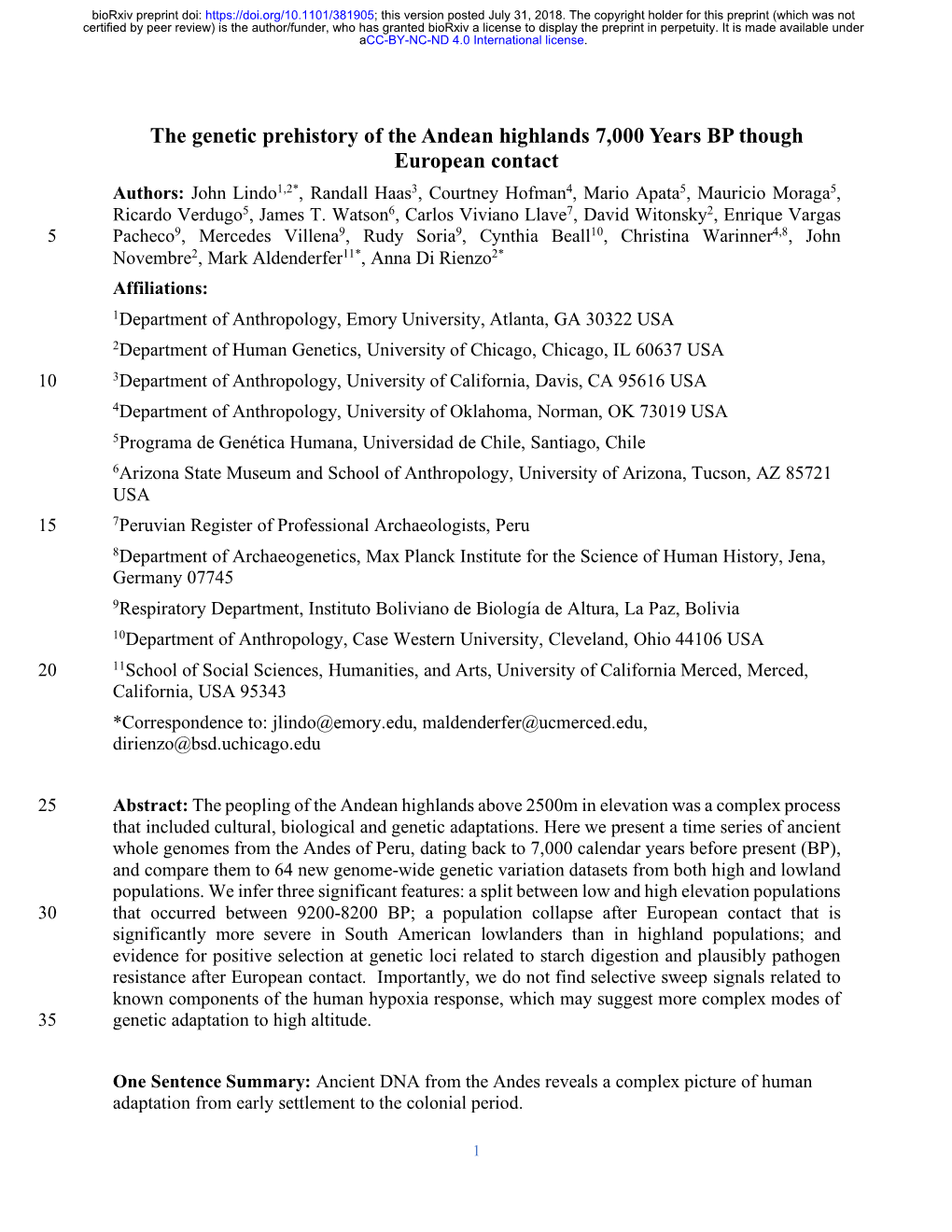 The Genetic Prehistory of the Andean Highlands 7,000 Years BP Though