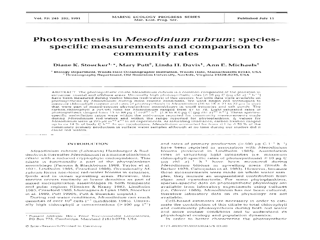 Photosynthesis in Mesodinium Rubrum: Species- Specific Measurements and Comparison to Community Rates