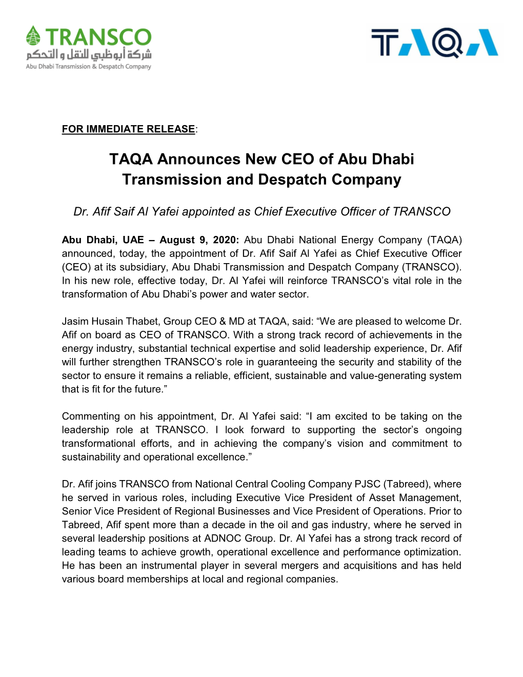 TAQA Announces New CEO of Abu Dhabi Transmission and Despatch Company