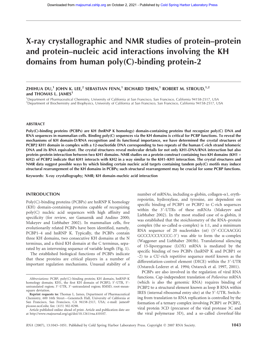 X-Ray Crystallographic and NMR Studies of Protein–Protein and Protein–Nucleic Acid Interactions Involving the KH Domains from Human Poly(C)-Binding Protein-2