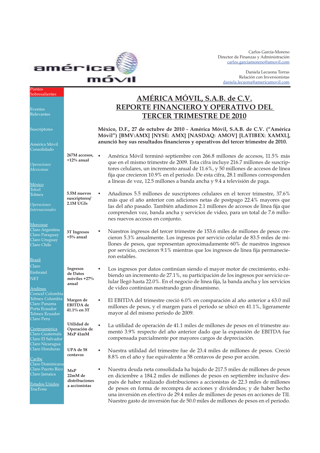 AMÉRICA MÓVIL, S.A.B. De C.V. REPORTE FINANCIERO Y