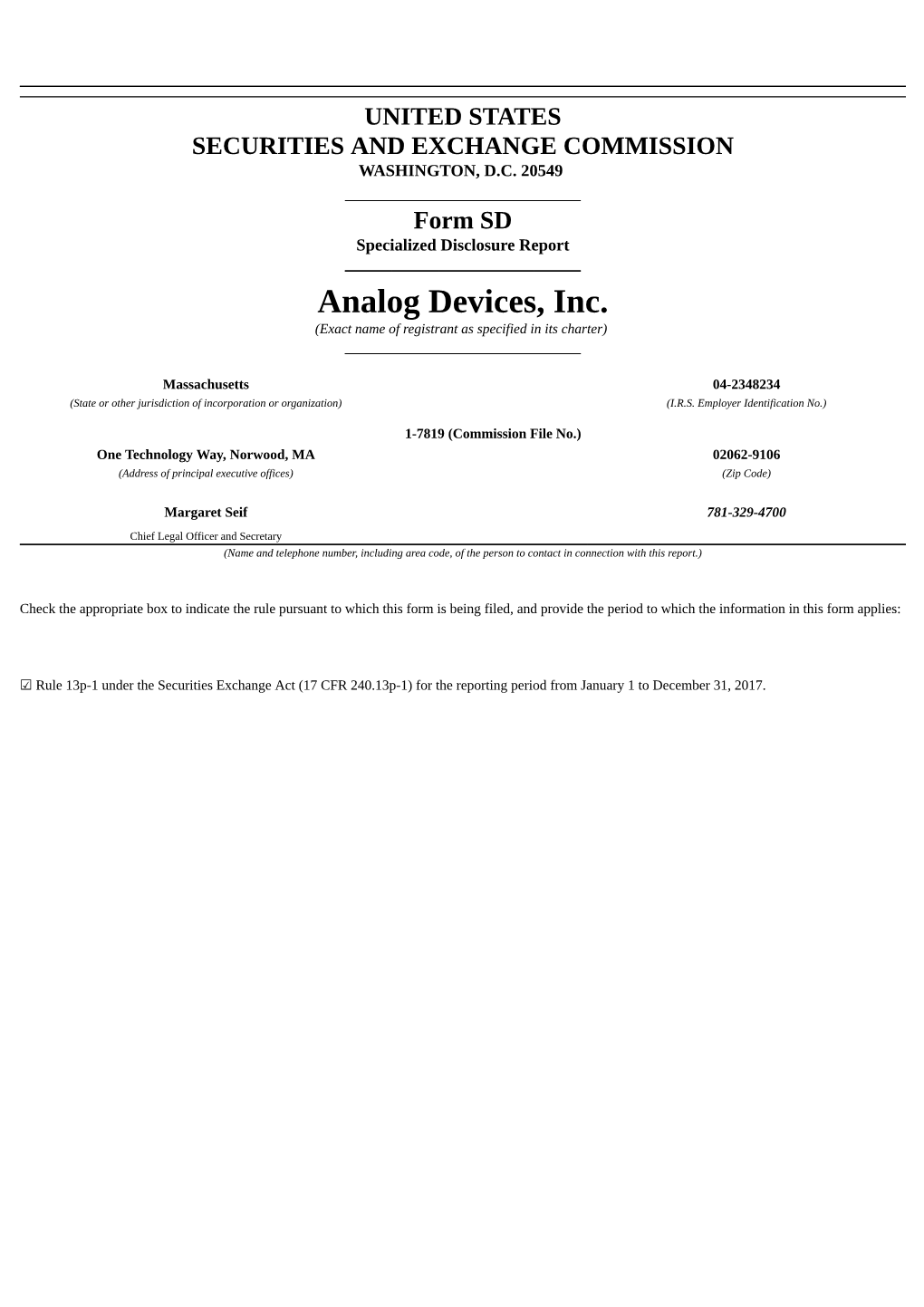 Analog Devices, Inc. (Exact Name of Registrant As Specified in Its Charter)