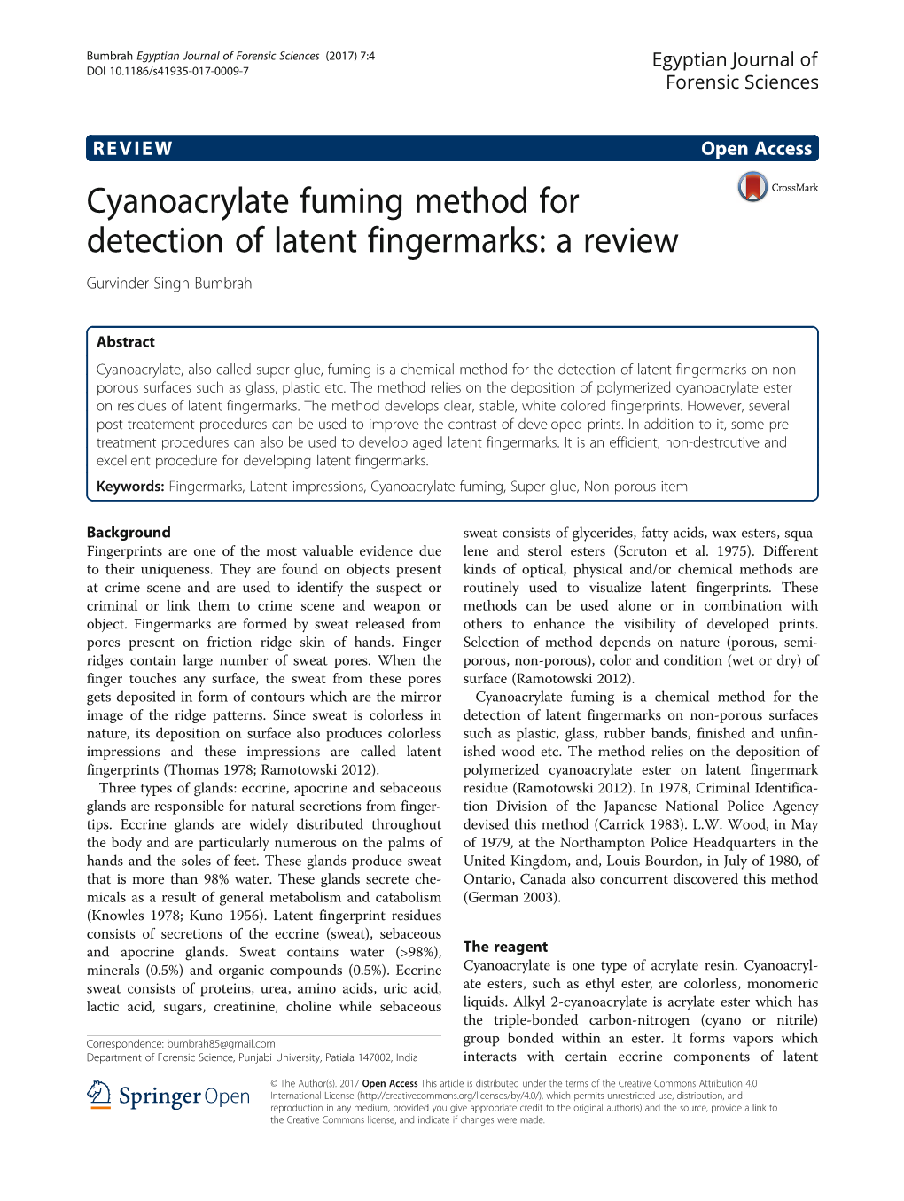 Cyanoacrylate Fuming Method for Detection of Latent Fingermarks: a Review Gurvinder Singh Bumbrah