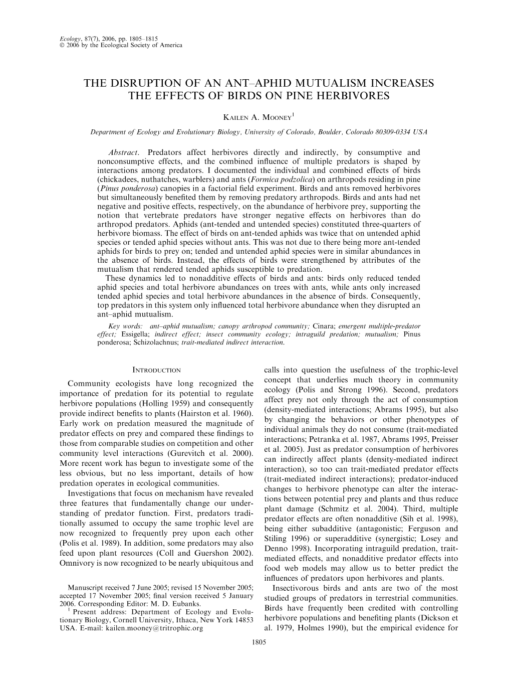 The Disruption of an Ant–Aphid Mutualism Increases the Effects of Birds on Pine Herbivores