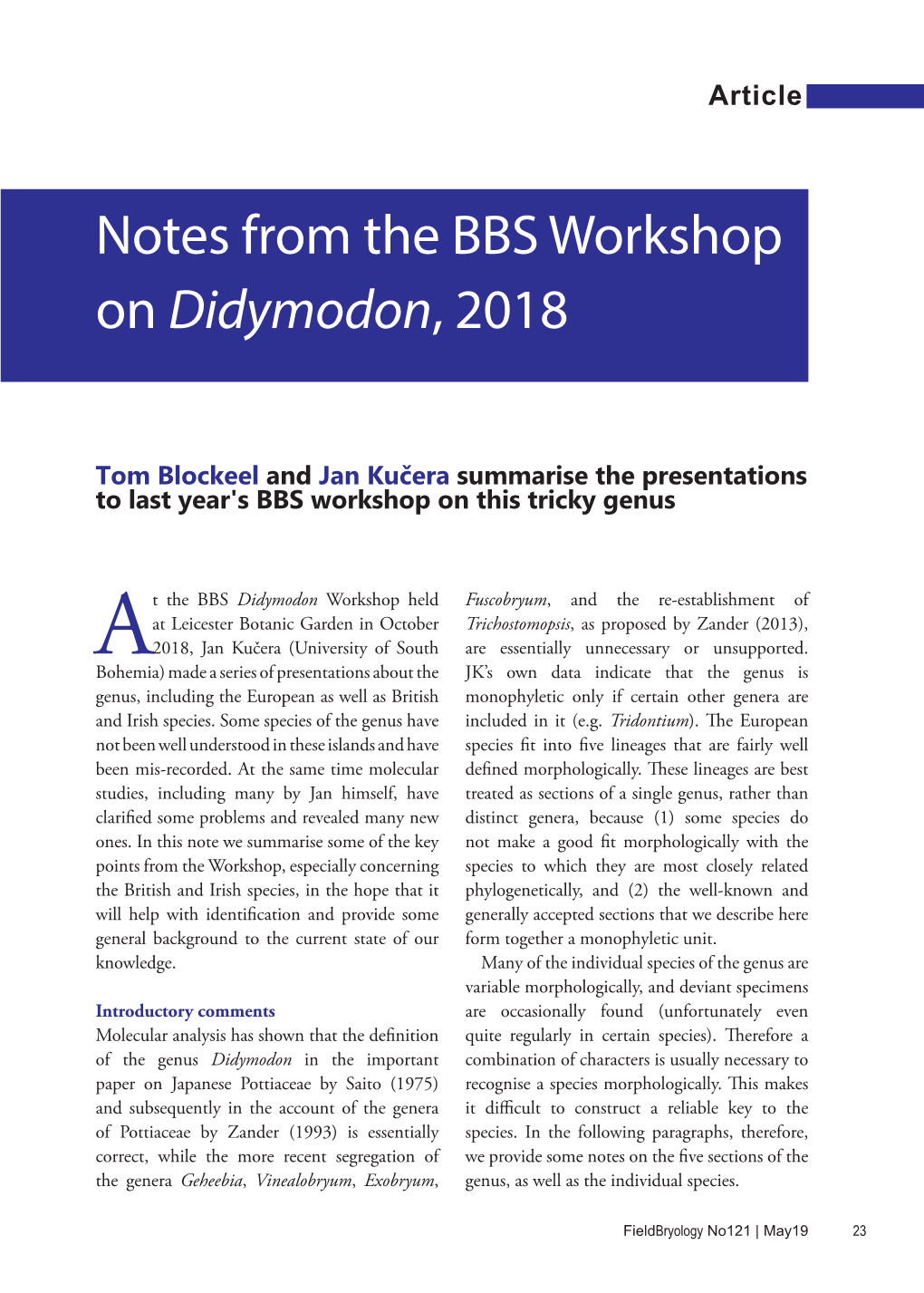Notes from the BBS Workshop on Didymodon, 2018