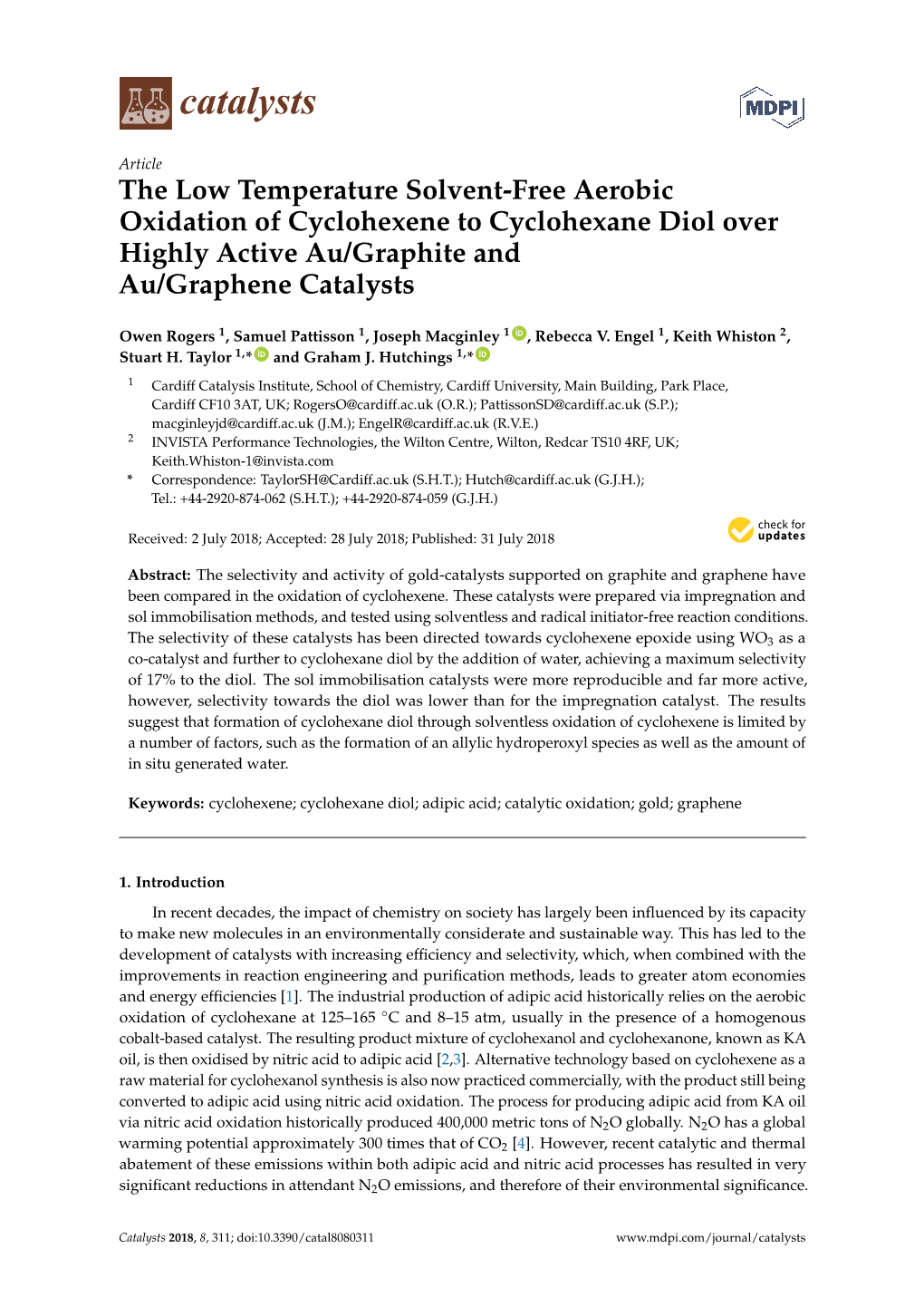 The Low Temperature Solvent-Free Aerobic Oxidation of Cyclohexene to Cyclohexane Diol Over Highly Active Au/Graphite and Au/Graphene Catalysts