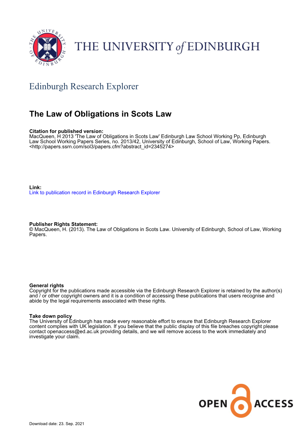 The Law of Obligations in Scots Law