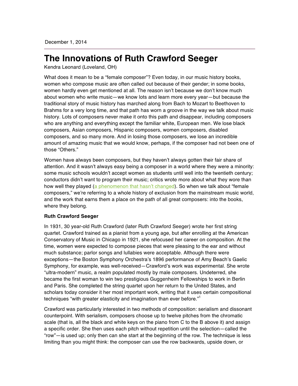 The Innovations of Ruth Crawford Seeger Kendra Leonard (Loveland, OH)