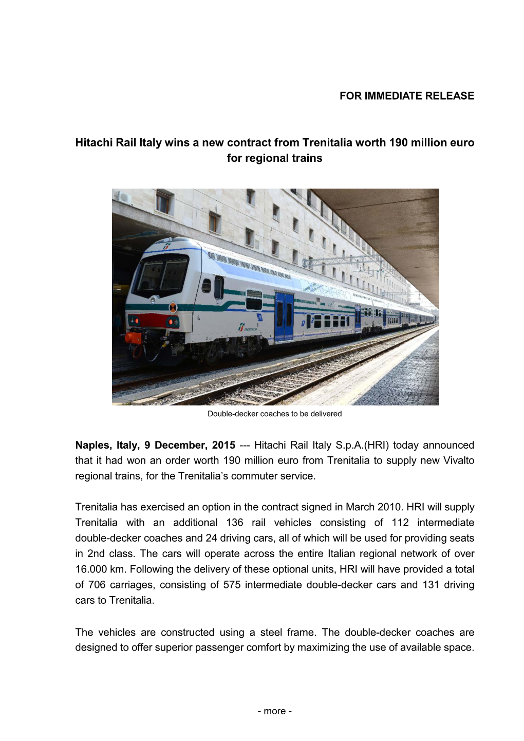 Hitachi Rail Italy Wins a New Contract from Trenitalia Worth 190 Million Euro for Regional Trains