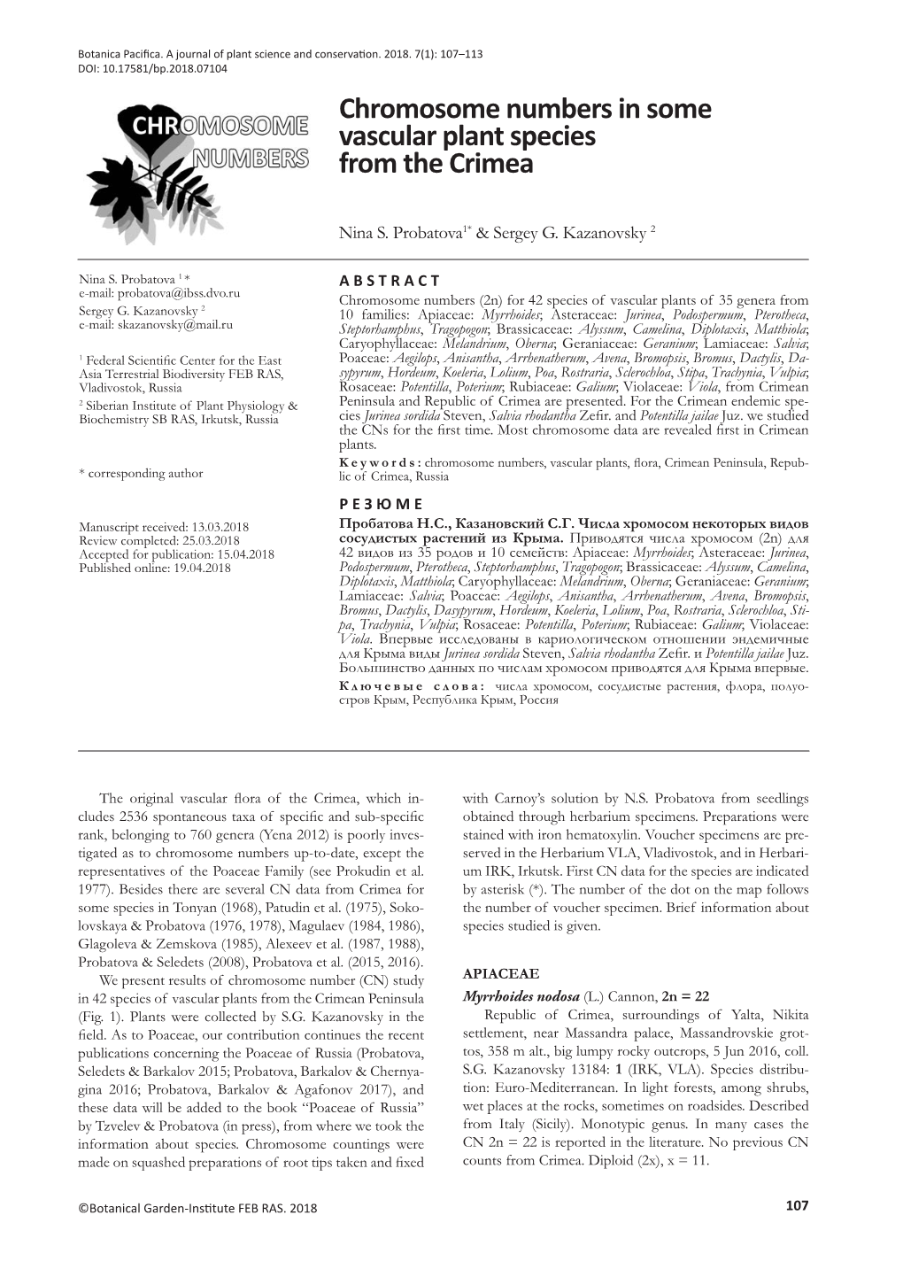 Chromosome Numbers in Some Vascular Plant Species from the Crimea