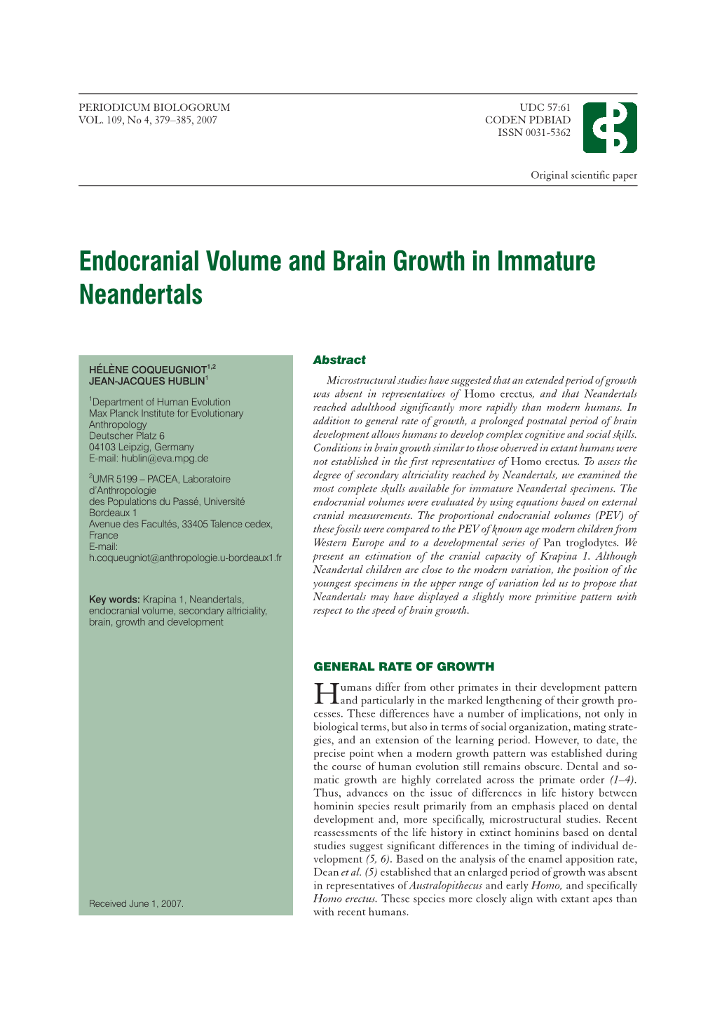 Endocranial Volume and Brain Growth in Immature Neandertals