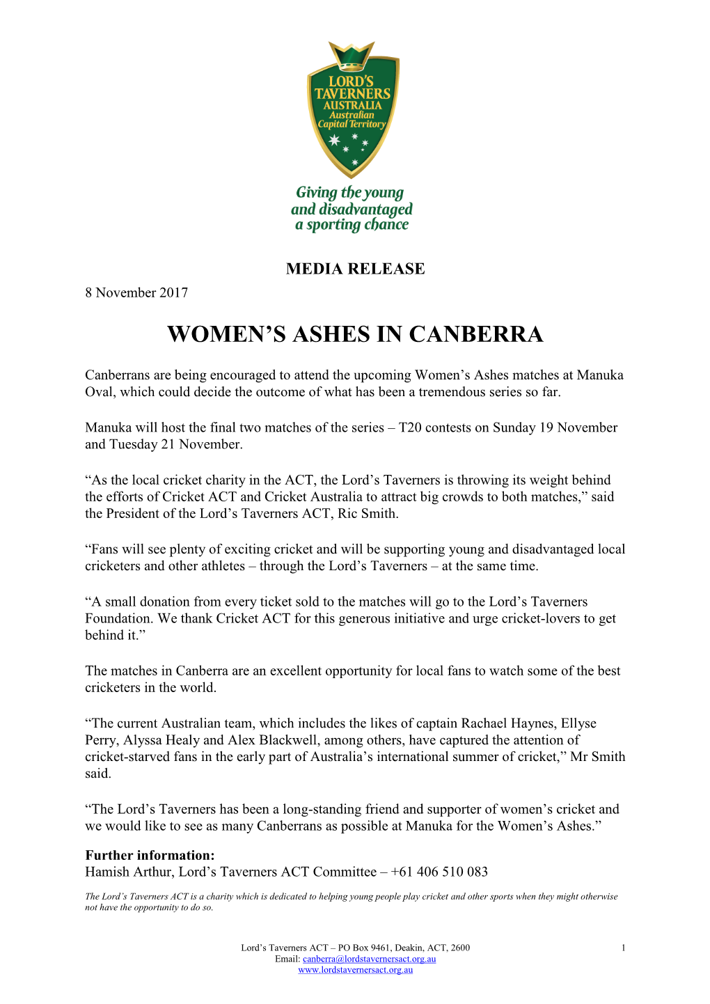 Women's Ashes in Canberra