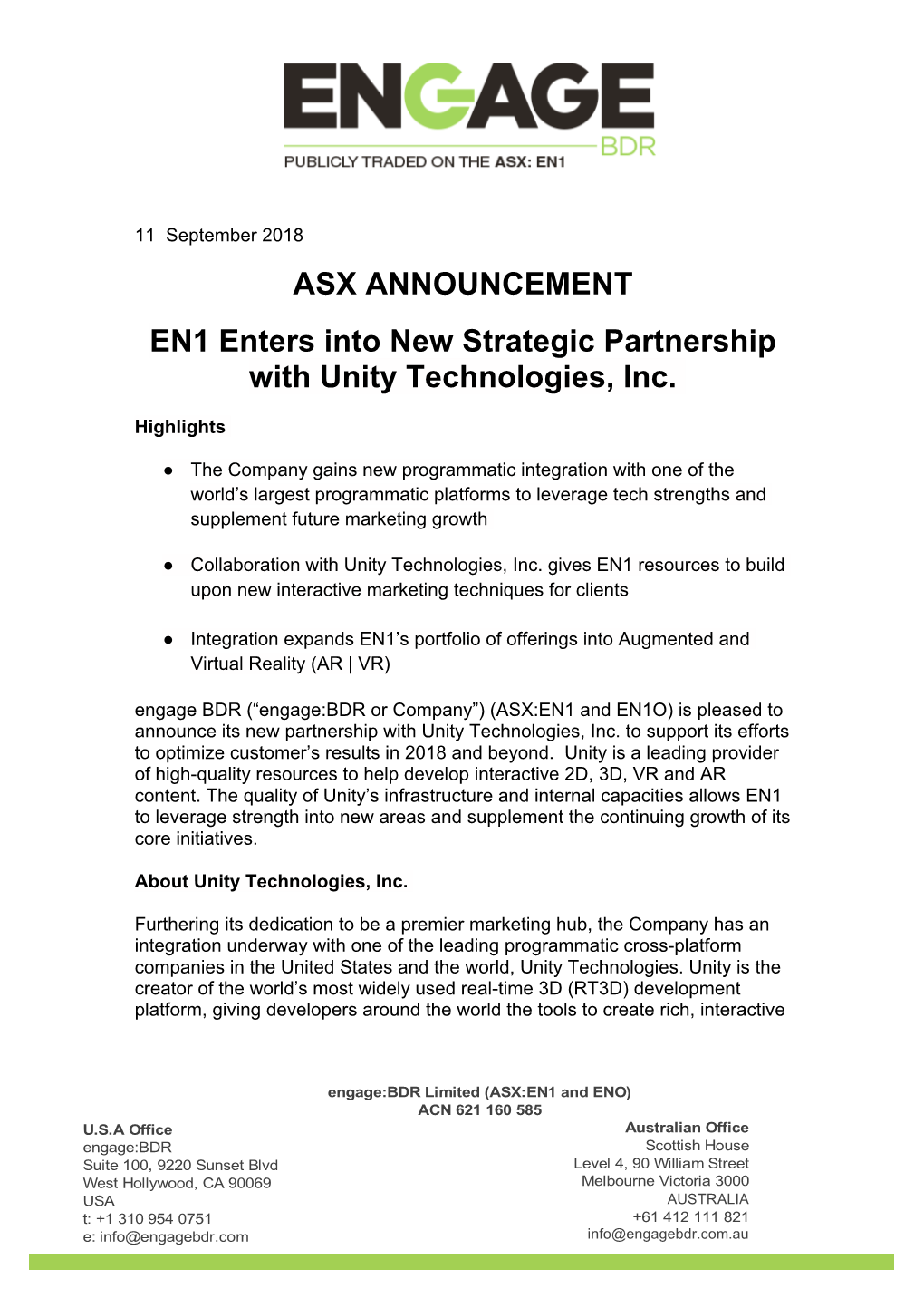 ASX ANNOUNCEMENT EN1 Enters Into New Strategic Partnership with Unity Technologies, Inc