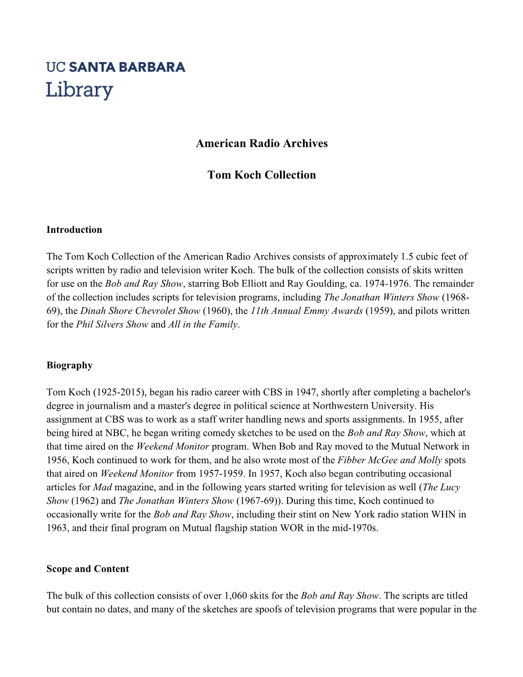 American Radio Archives Tom Koch Collection