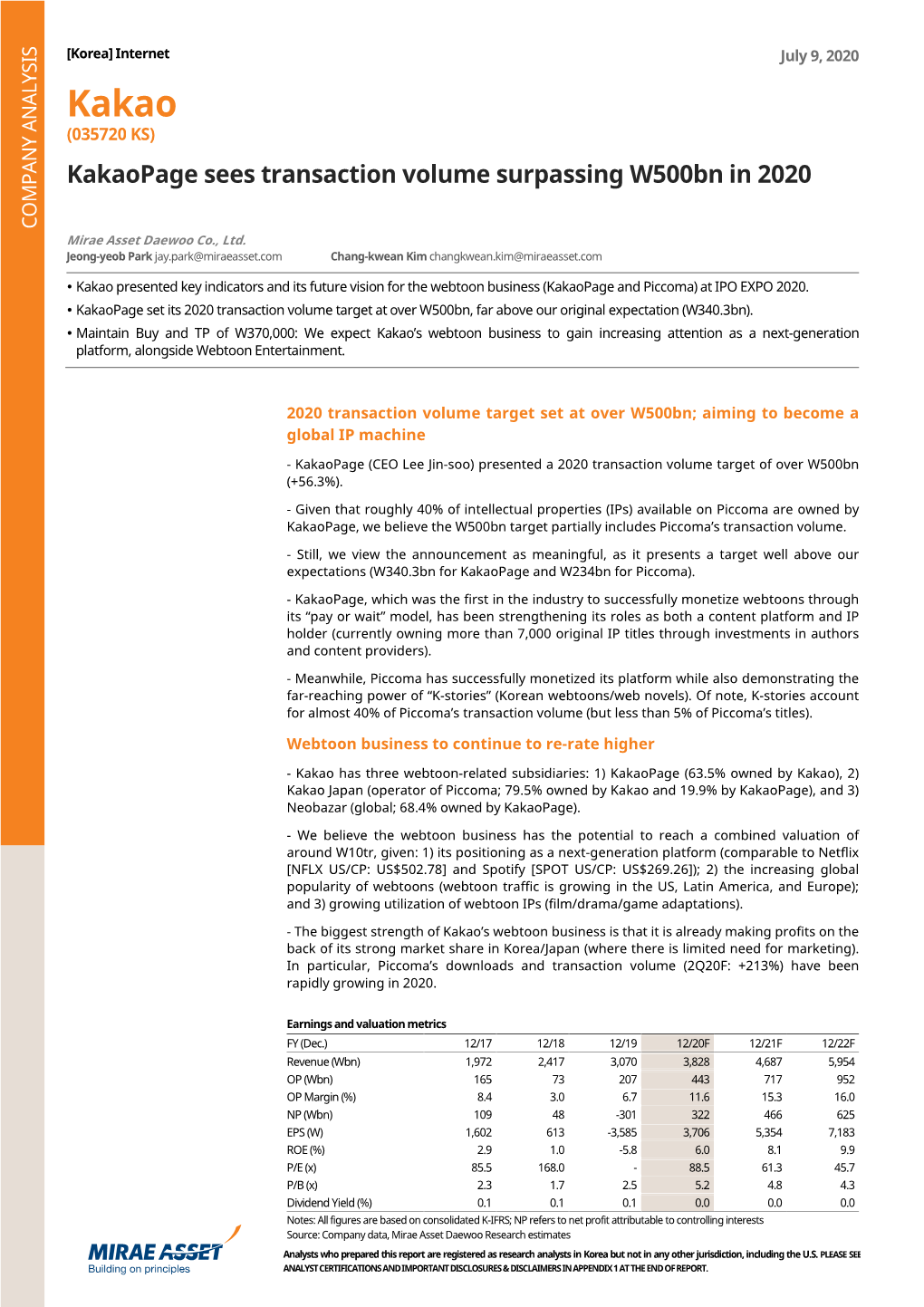 Kakaopage Sees Transaction Volume Surpassing W500bn in 2020