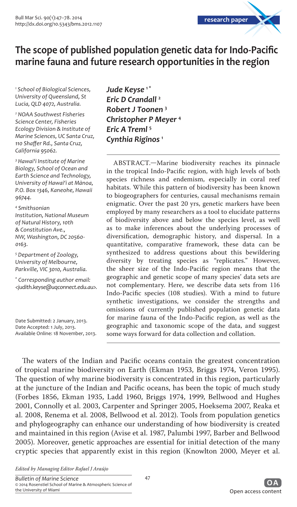 The Scope of Published Population Genetic Data for Indo-Pacific Marine Fauna and Future Research Opportunities in the Region