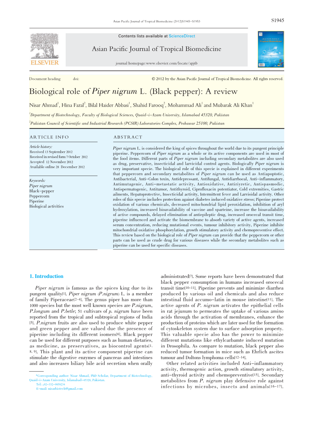 Biological Role of Piper Nigrum L. (Black Pepper): a Review