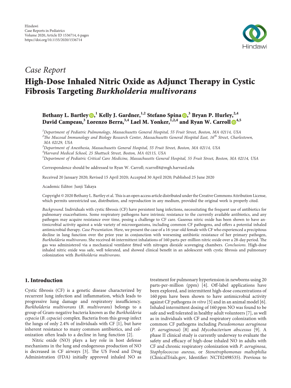 High-Dose Inhaled Nitric Oxide As Adjunct Therapy in Cystic Fibrosis Targeting Burkholderia Multivorans