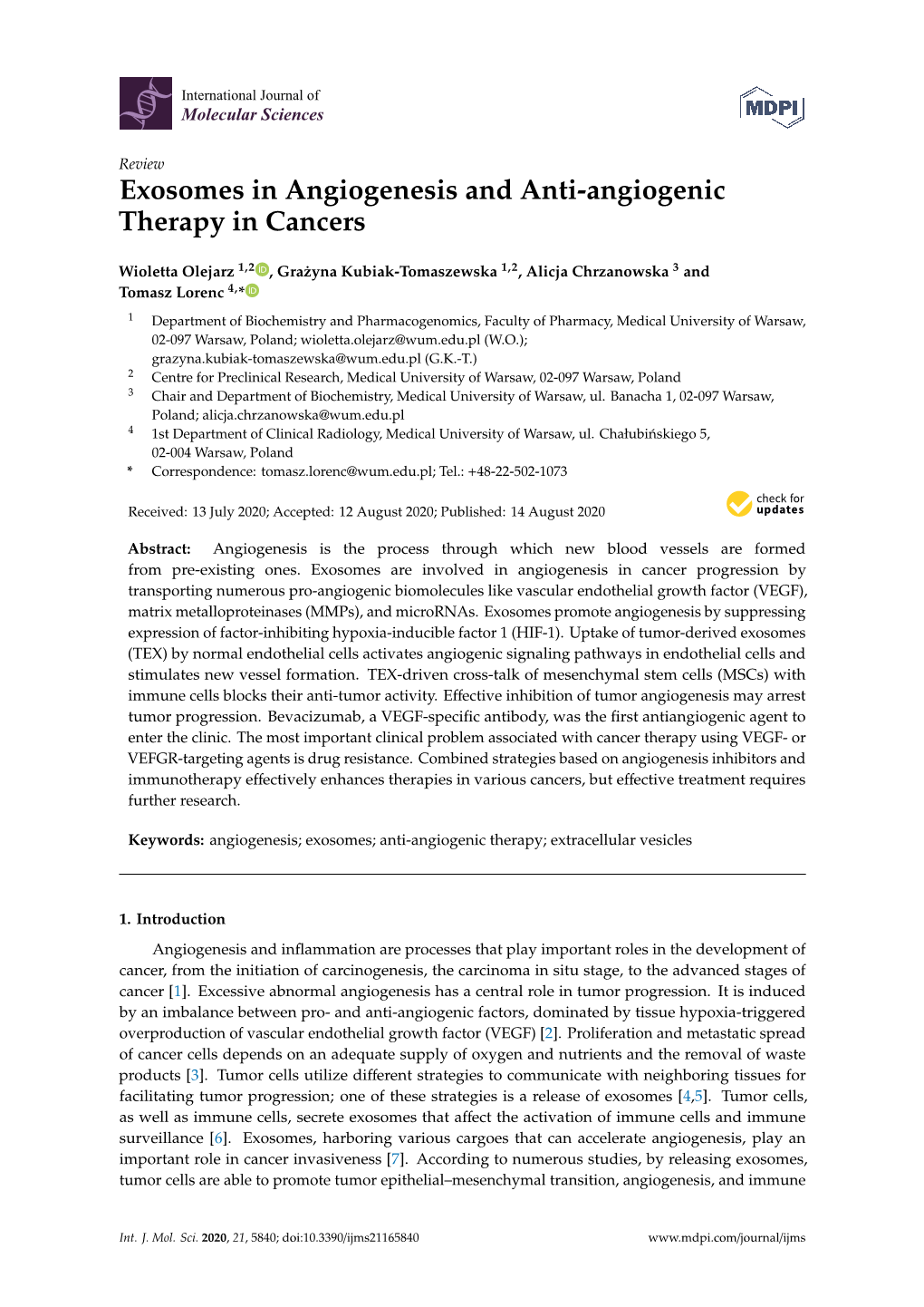 Exosomes in Angiogenesis and Anti-Angiogenic Therapy in Cancers