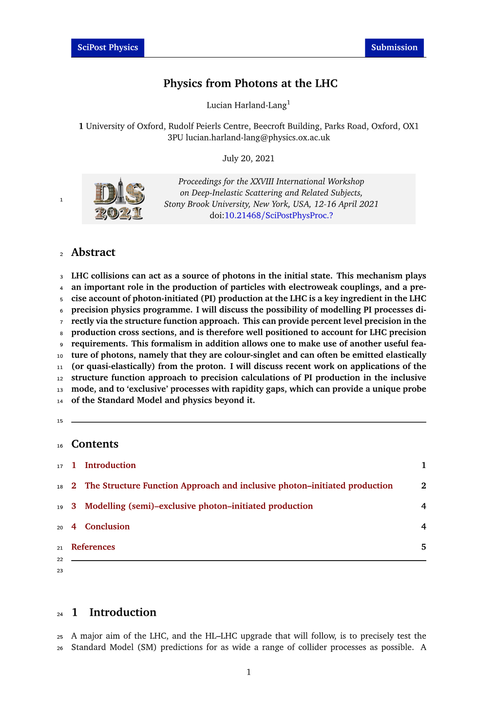 Physics from Photons at the LHC Abstract Contents 1 Introduction