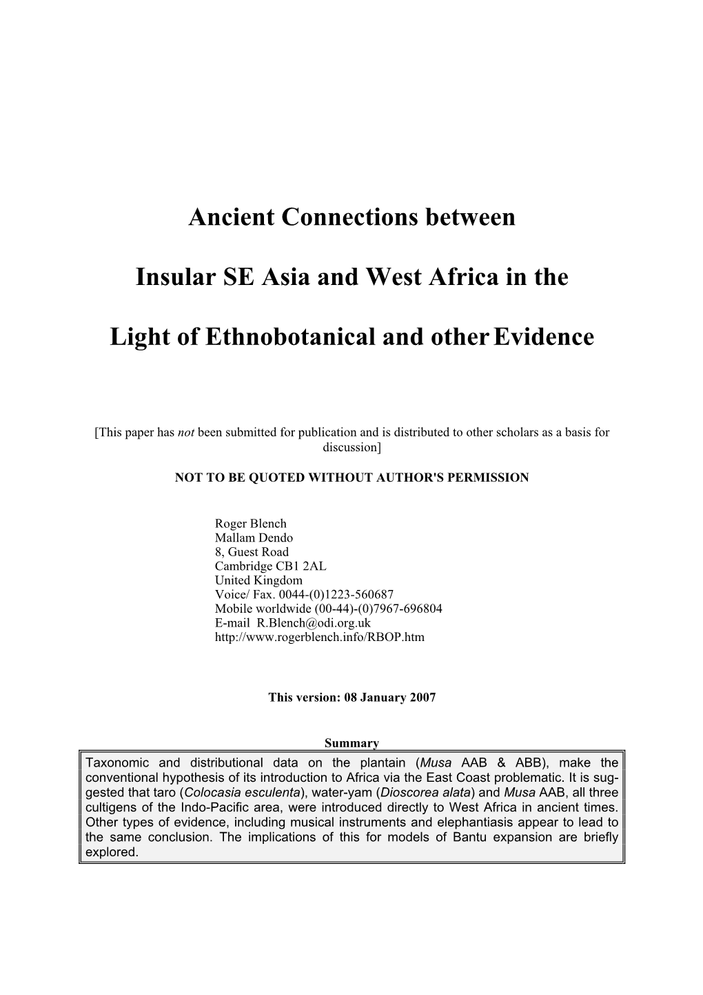 Ancient Connections Between Insular SE Asia and West Africa in the Light