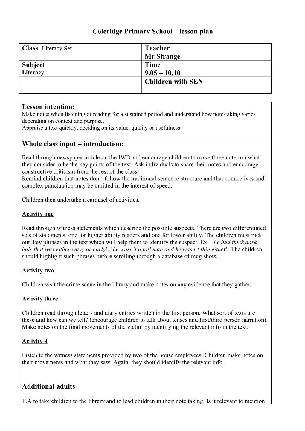 Coleridge Primary School Lesson Plan