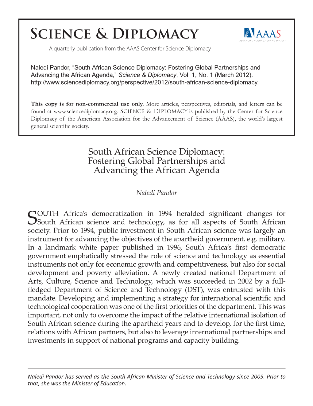 South African Science Diplomacy: Fostering Global Partnerships and Advancing the African Agenda,” Science & Diplomacy, Vol