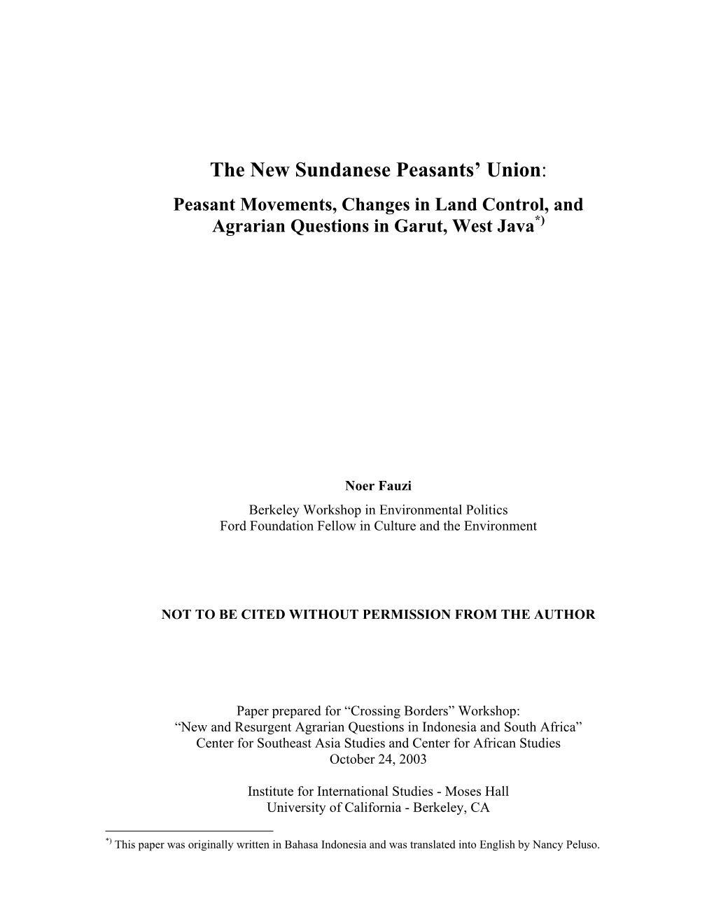 The Sundanese Peasants' Union in Contemporary Context