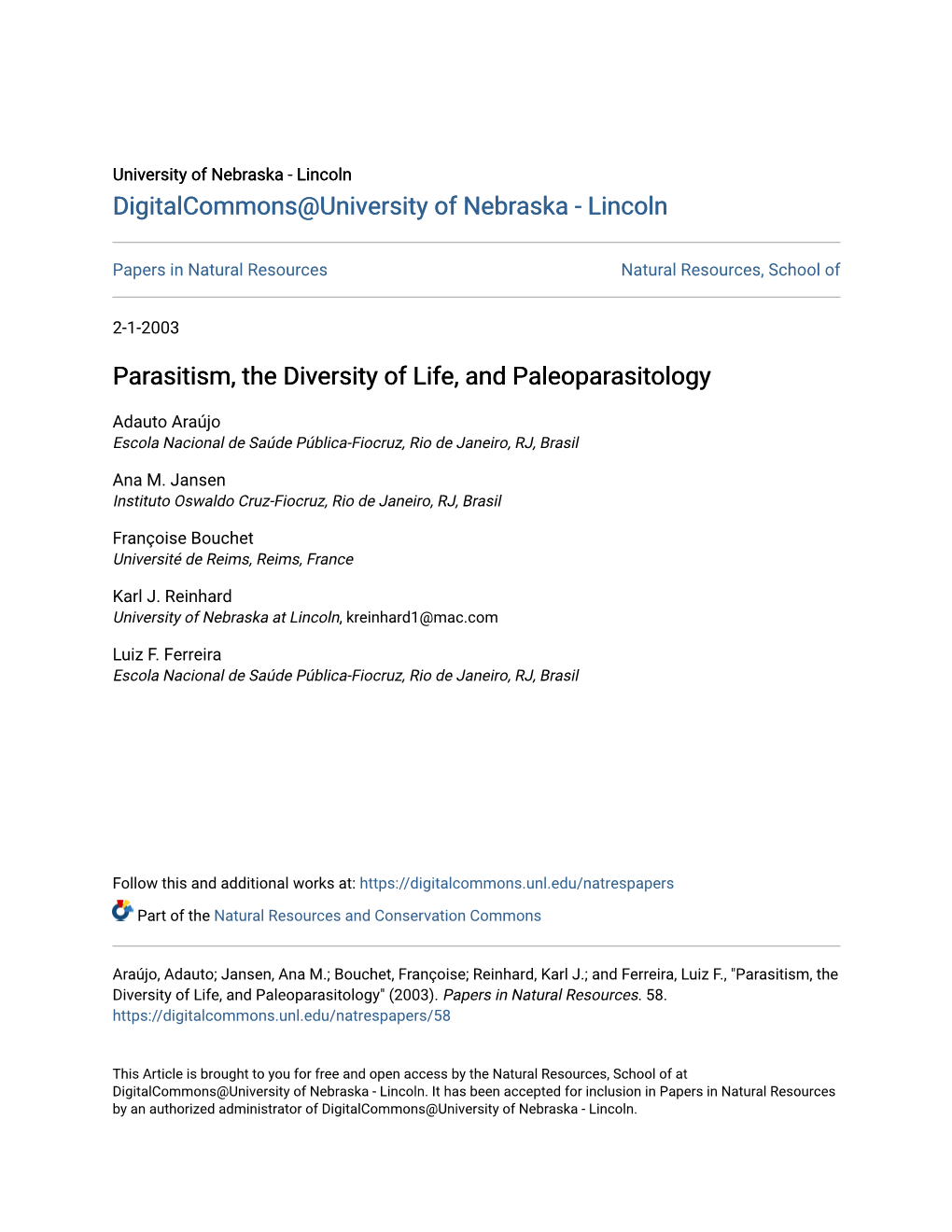Parasitism, the Diversity of Life, and Paleoparasitology