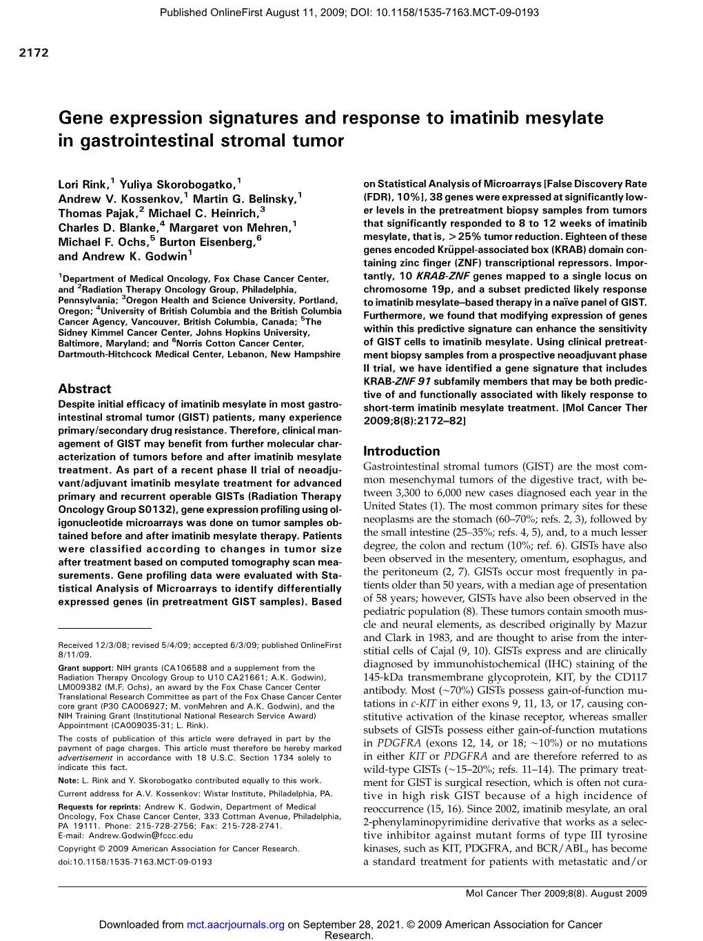 Gene Expression Signatures and Response to Imatinib Mesylate in Gastrointestinal Stromal Tumor