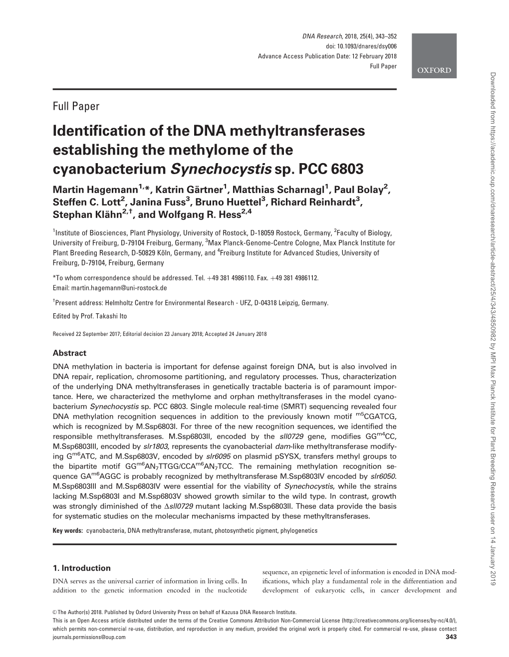 Identification of the DNA Methyltransferases Establishing the Methylome of the Cyanobacterium Synechocystis Sp