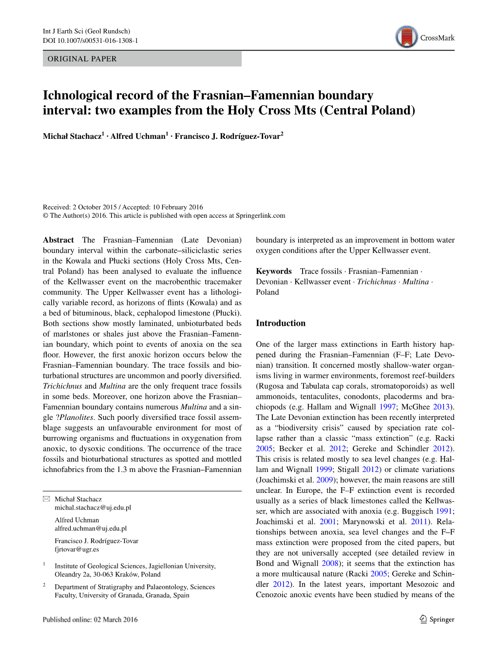 Ichnological Record of the Frasnian–Famennian Boundary Interval: Two Examples from the Holy Cross Mts (Central Poland)