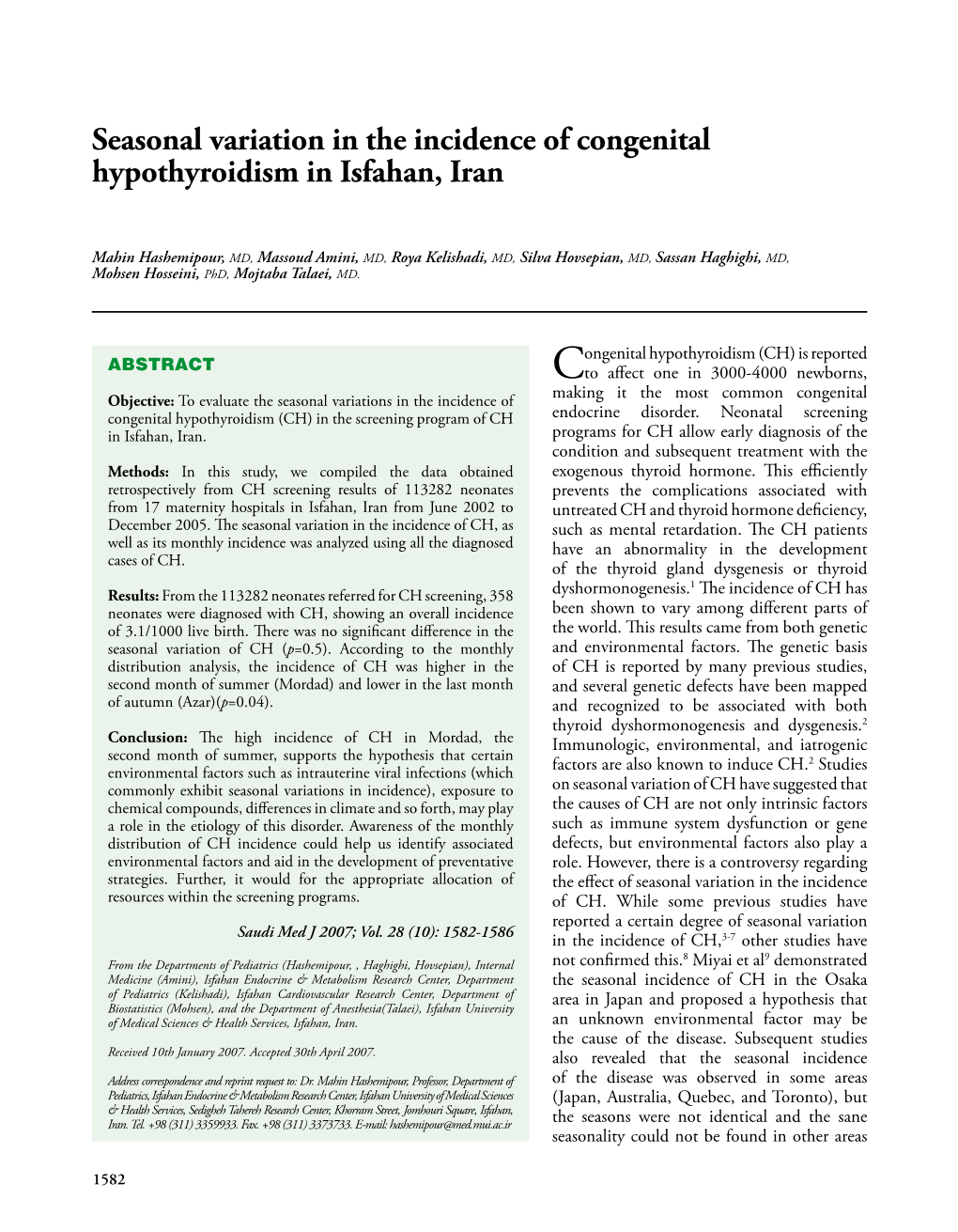 Seasonal Variation in the Incidence of Congenital Hypothyroidism in Isfahan, Iran