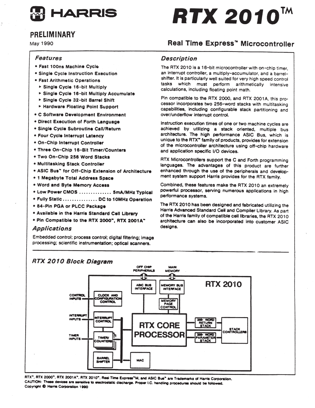 RTX 2010™ PRELIMINARY May 1990 Real Time Express"" Mlcrocontroller