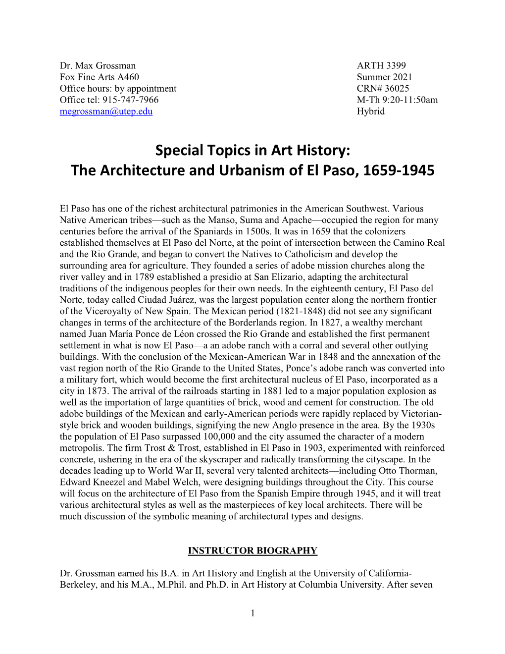 Special Topics in Art History: the Architecture and Urbanism of El Paso, 1659-1945