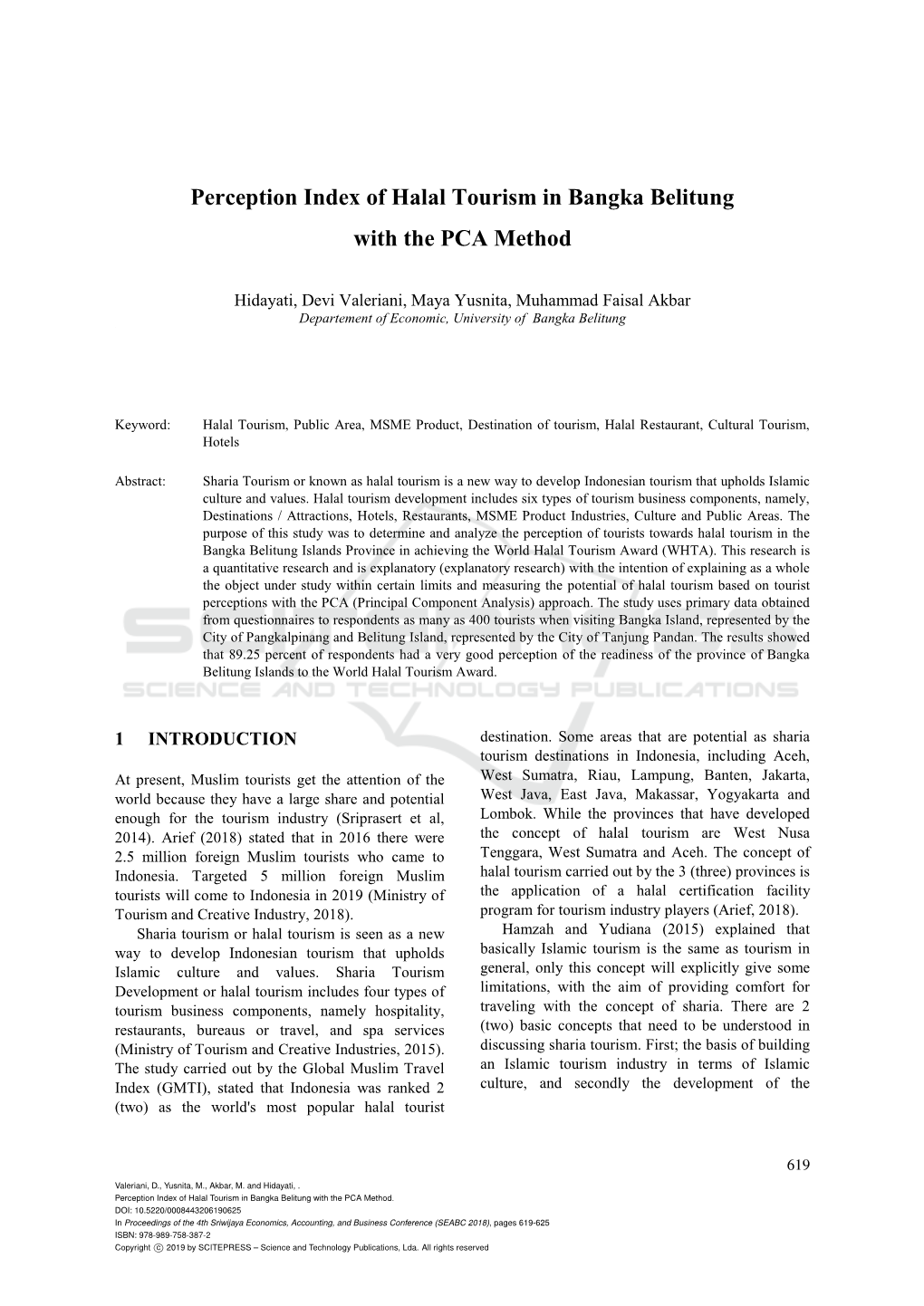 Perception Index of Halal Tourism in Bangka Belitung with the PCA Method