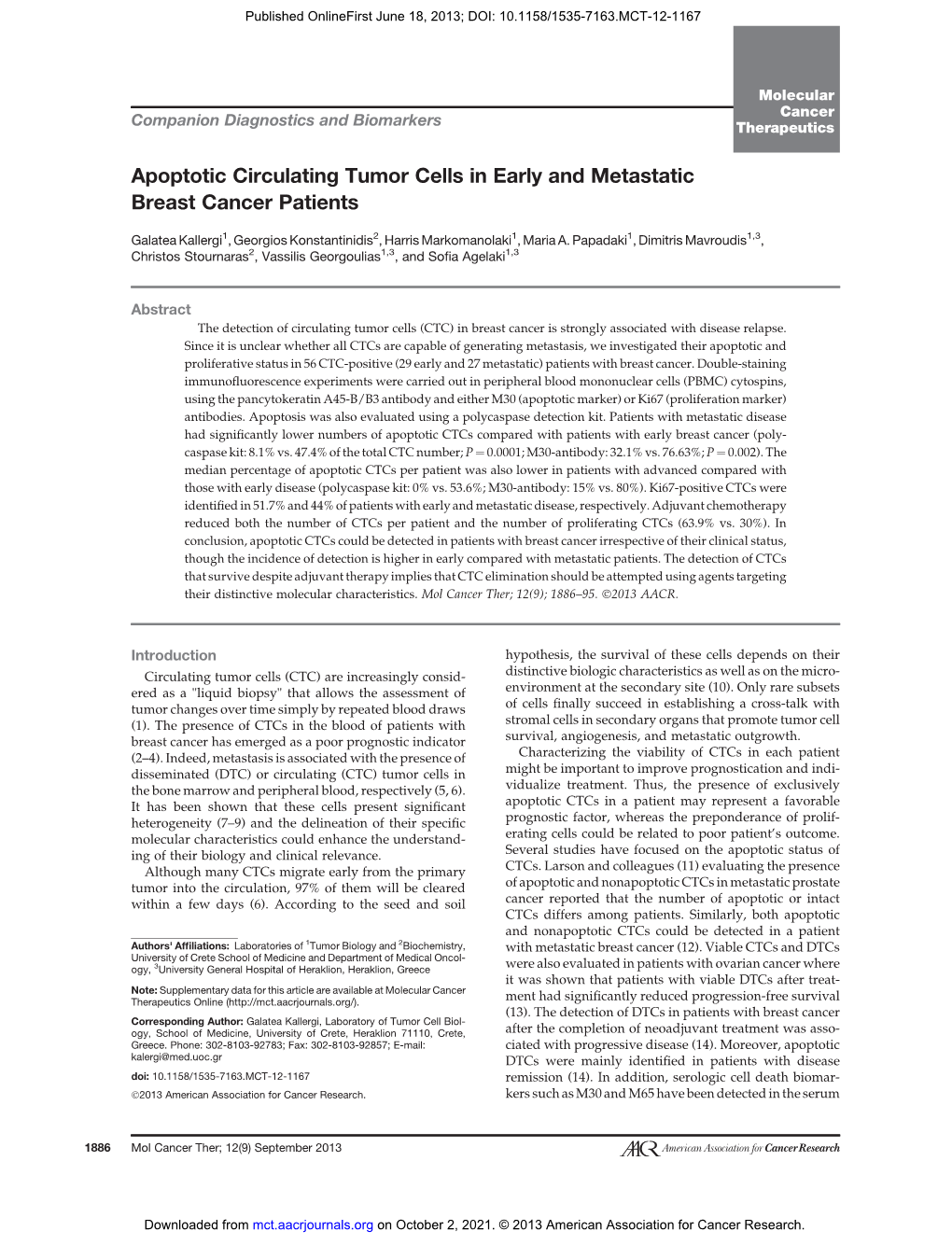 Apoptotic Circulating Tumor Cells in Early and Metastatic Breast Cancer Patients