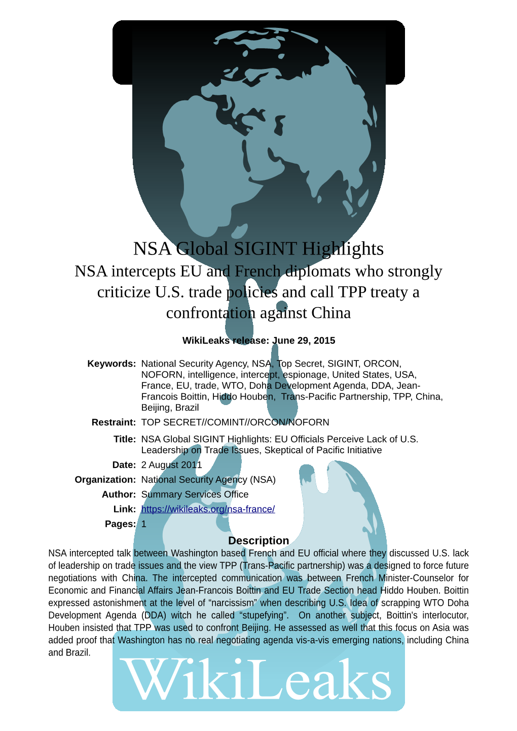 NSA Global SIGINT Highlights NSA Intercepts EU and French Diplomats Who Strongly Criticize U.S