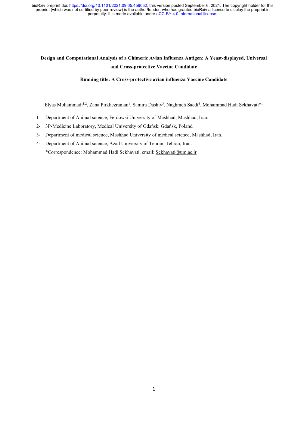 Design and Computational Analysis of a Chimeric Avian Influenza Antigen: a Yeast-Displayed, Universal and Cross-Protective Vaccine Candidate