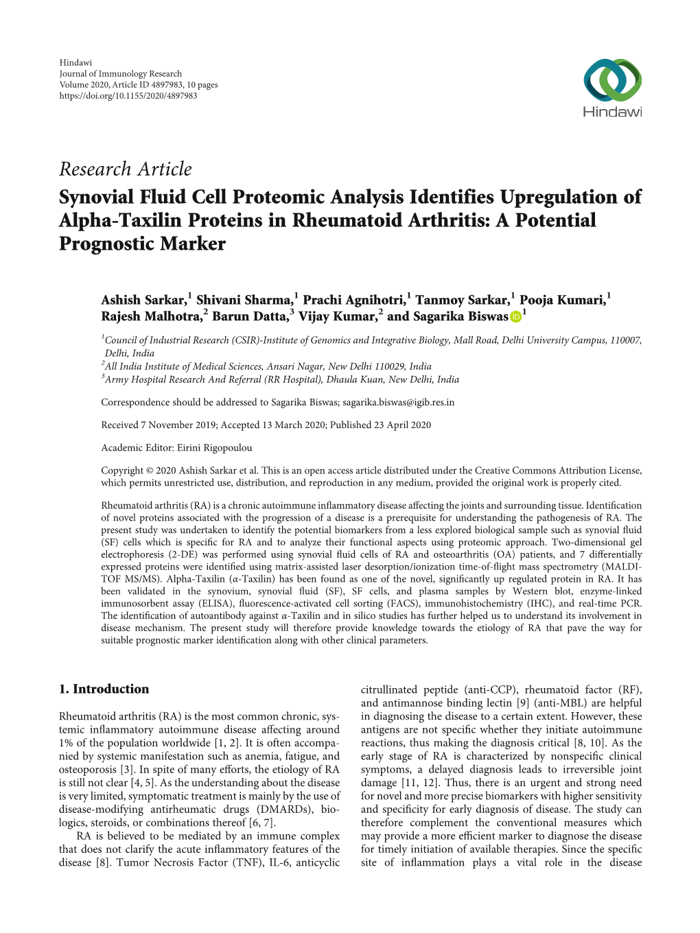 Synovial Fluid Cell Proteomic Analysis Identifies Upregulation of Alpha-Taxilin Proteins in Rheumatoid Arthritis: a Potential Prognostic Marker