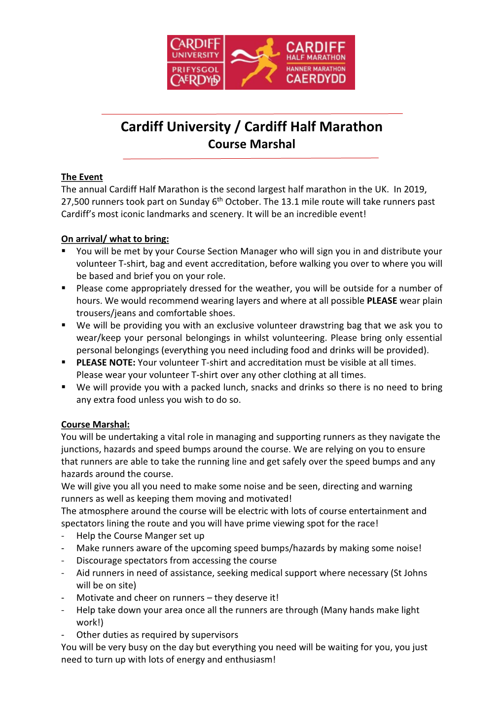 Cardiff University / Cardiff Half Marathon Course Marshal