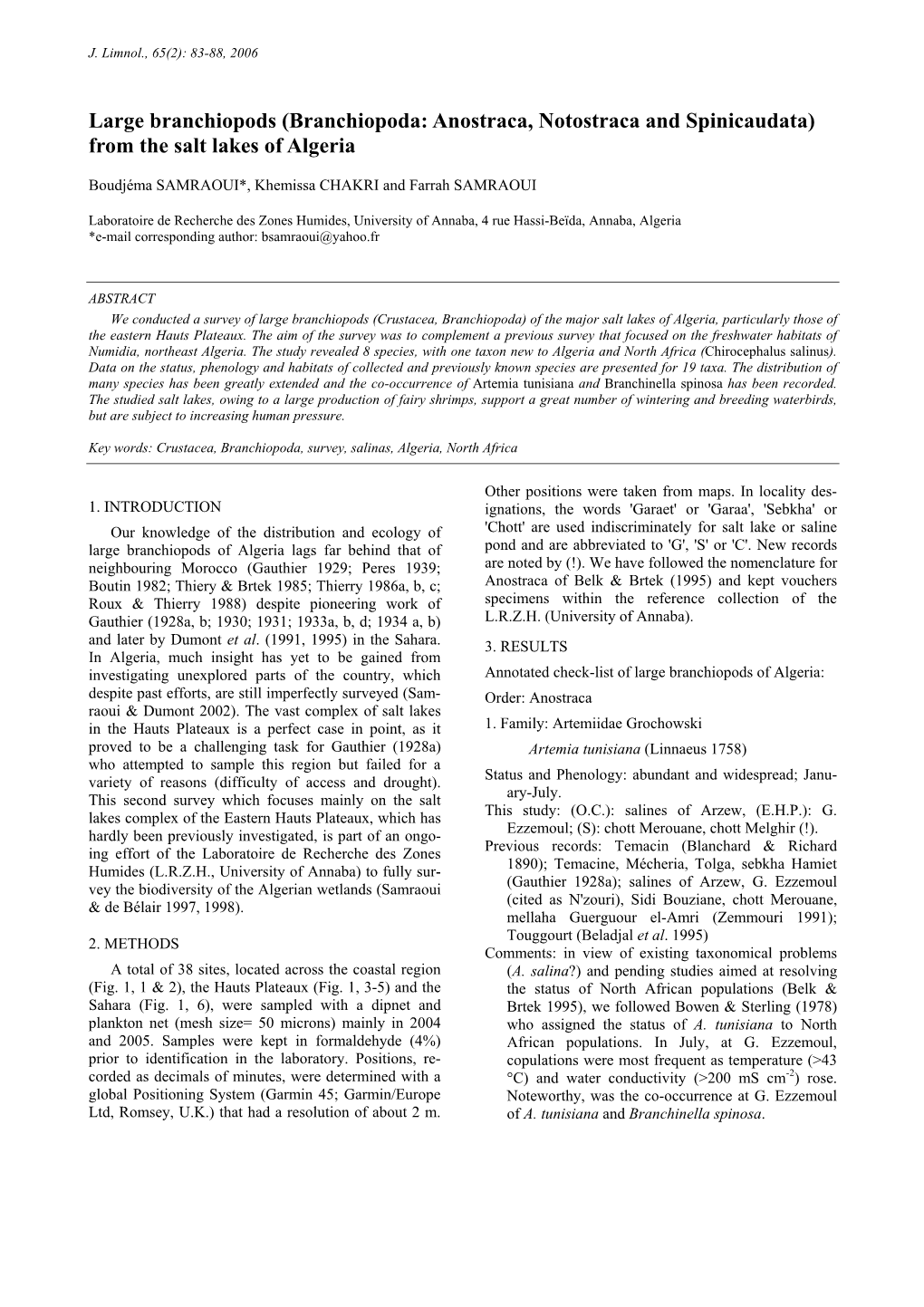 Branchiopoda: Anostraca, Notostraca and Spinicaudata) from the Salt Lakes of Algeria