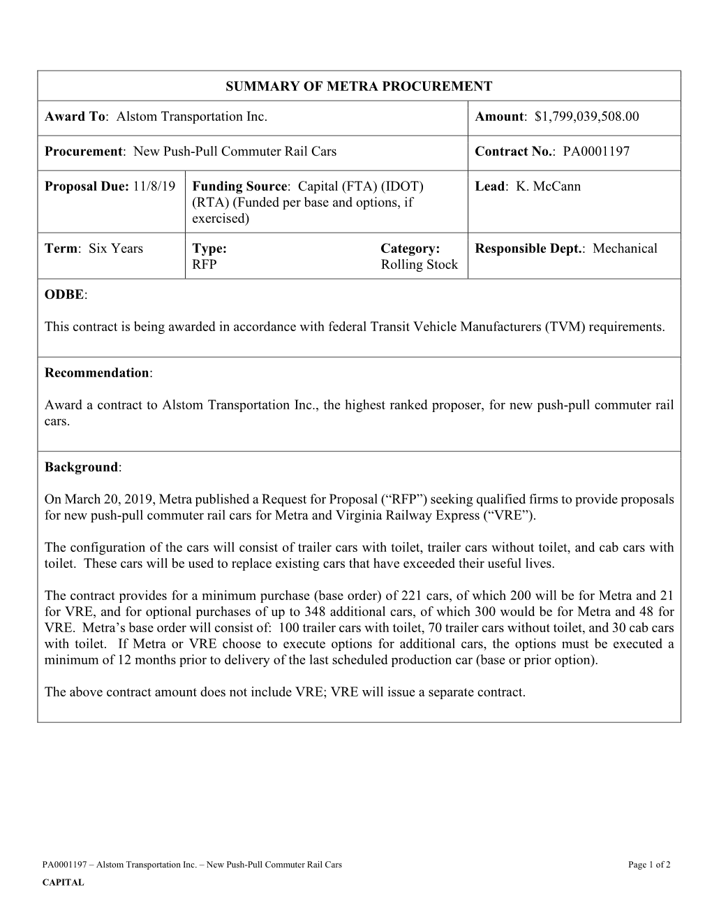 Summary of Metra Procurement