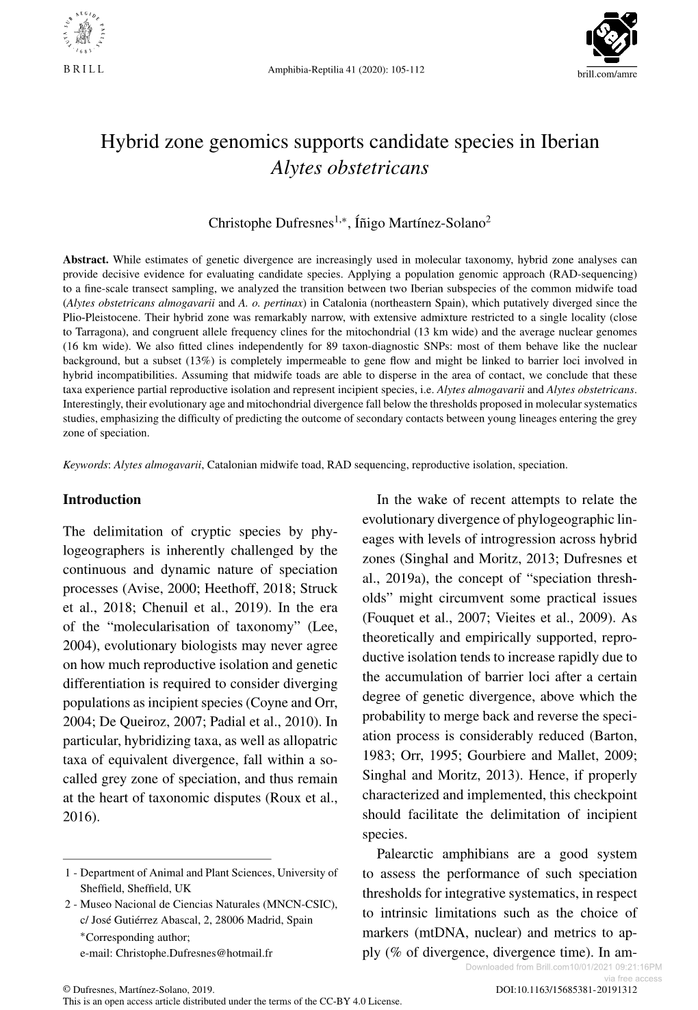 Hybrid Zone Genomics Supports Candidate Species in Iberian Alytes Obstetricans