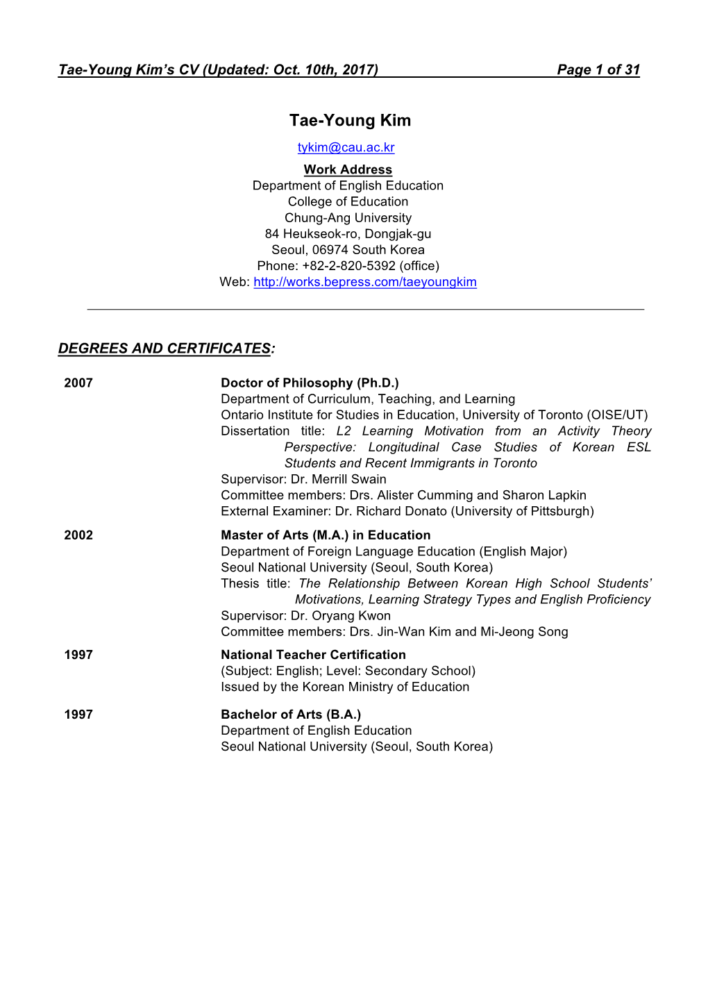 Tae-Young Kim’S CV (Updated: Oct