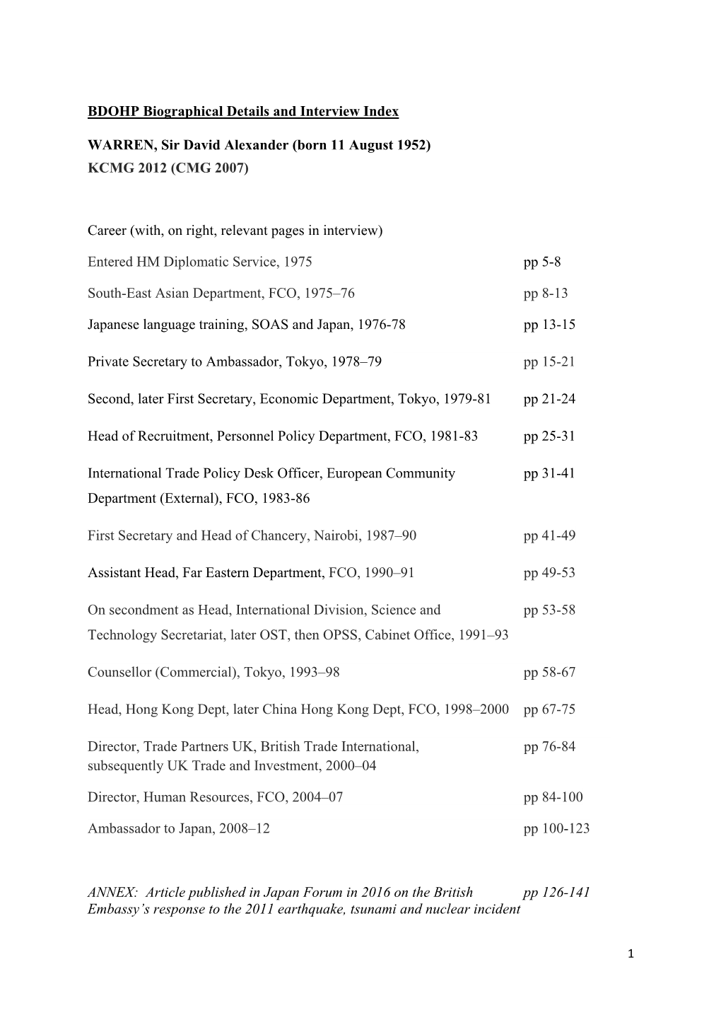 BDOHP Biographical Details and Interview Index WARREN, Sir David