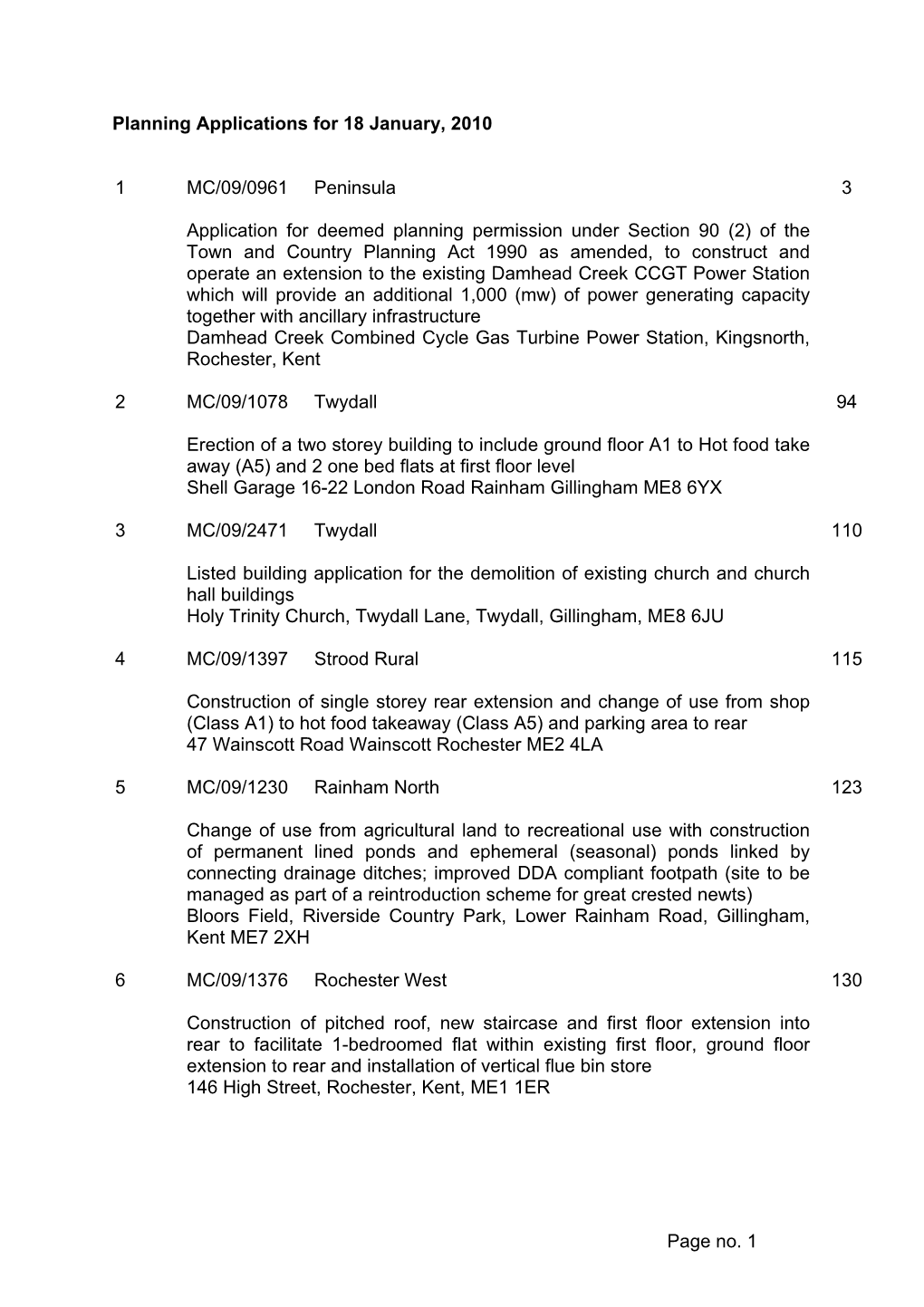 Planning Applications for 18 January, 2010