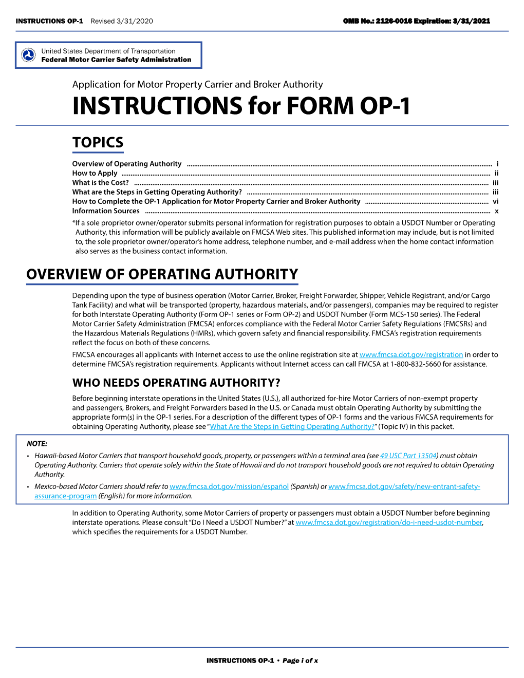 FMCSA Form OP-1