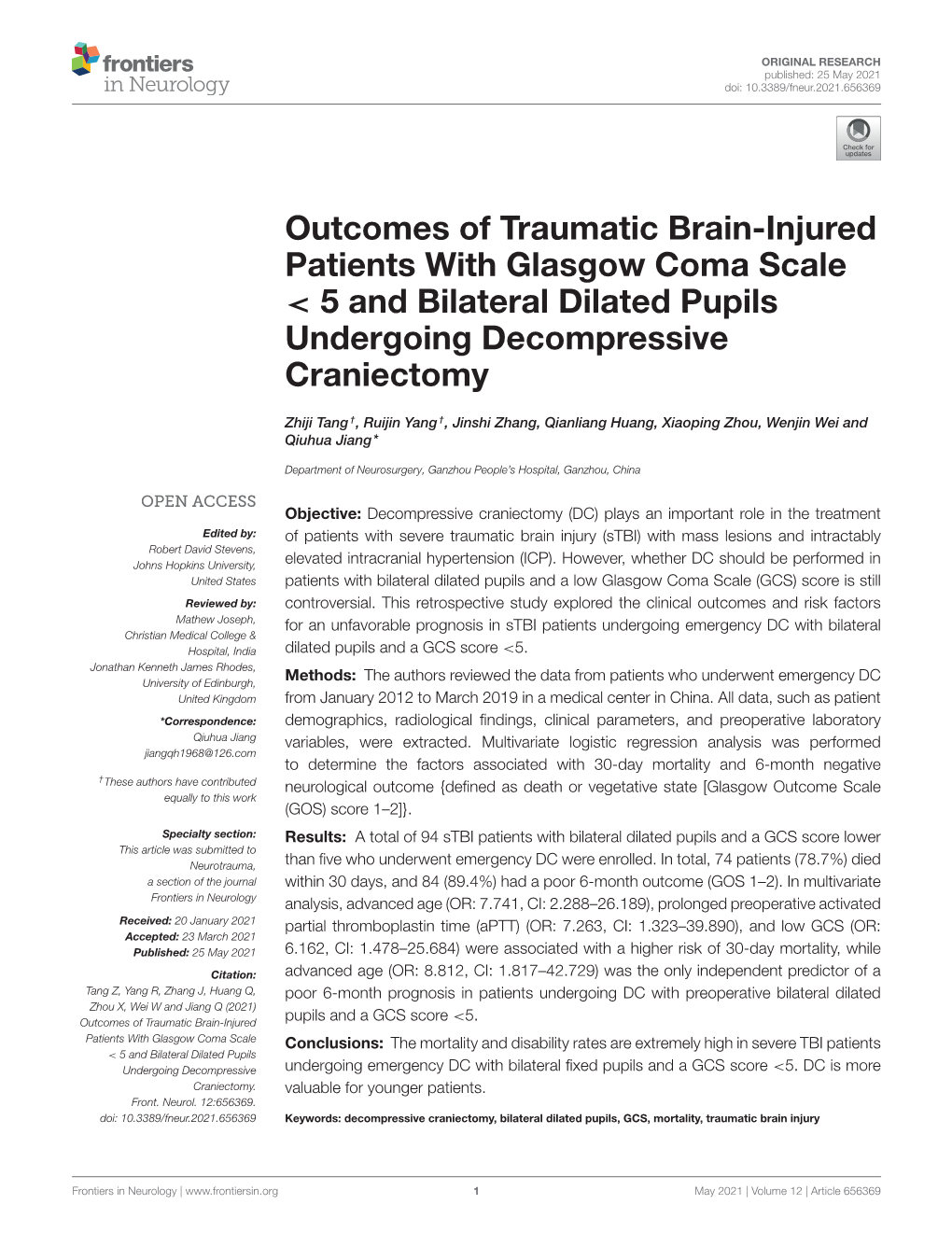 Outcomes of Traumatic Brain-Injured Patients with Glasgow Coma Scale